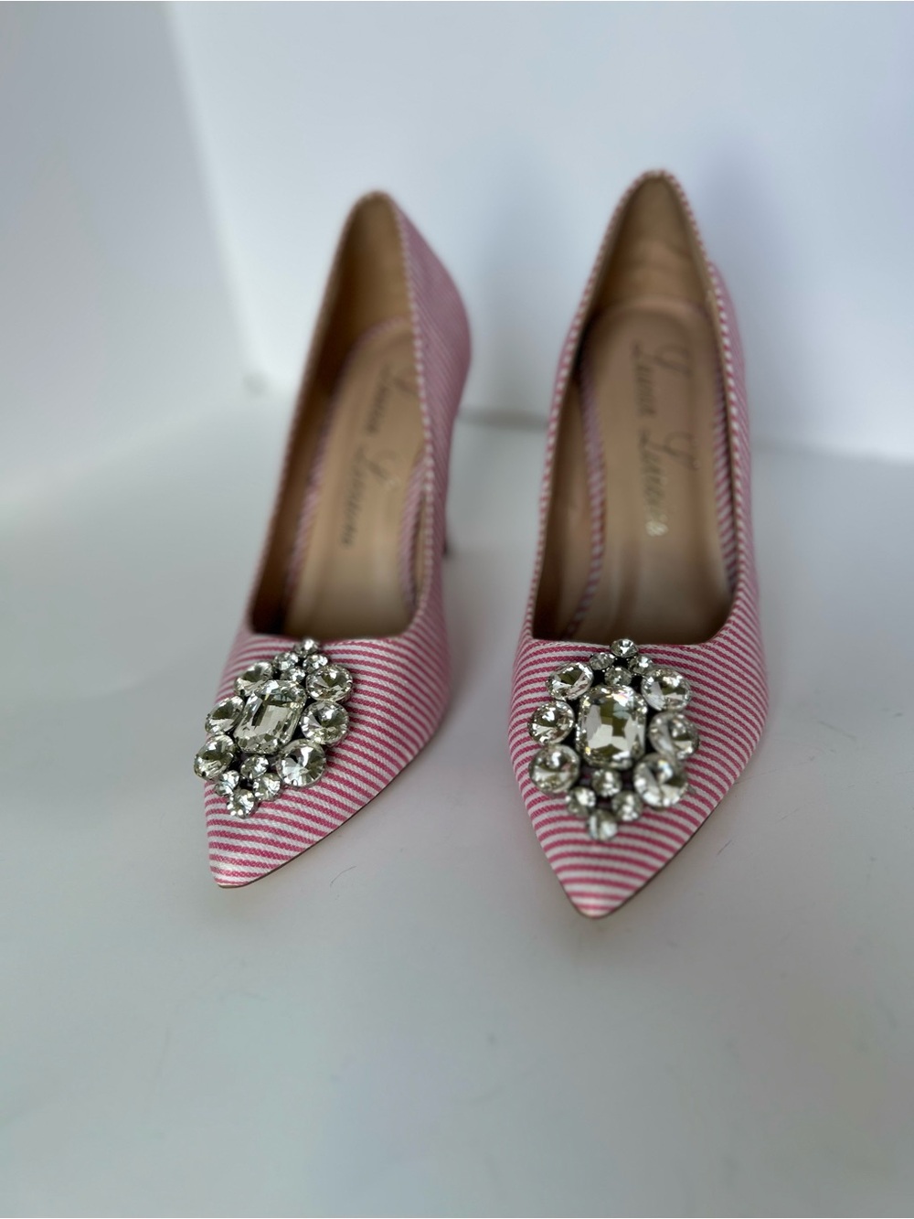 Lauren Lorraine Pink Striped Pointed Toe Heels with Crystal Brooch